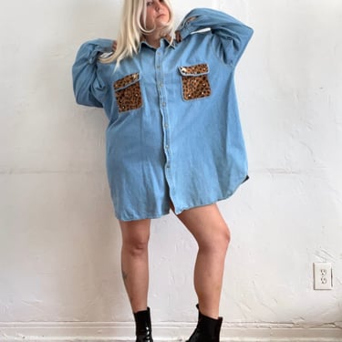 Vintage 90s Rhinestone Leopard Print Detail Denim Shirtdress 