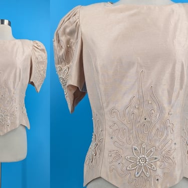 Vintage 80s Karen Lawrence Pink Short Puffy Sleeve Top with Soutache, Appliques, and Rhinestones - Eighties Small / Medium Blouse 