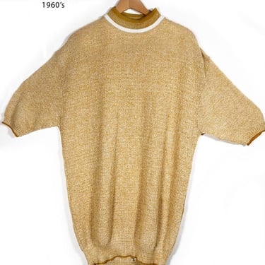 1960's Mens Vintage Shirt, XL, Knit Pullover Sweater Top, Gold, MOD style ,Tall, Gold, Mock Turtle Neck 