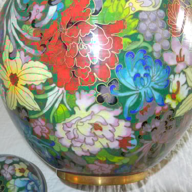 Sale 50%~ Pair of Chinese Enamel Gilded Metal Cloisonne Ginger Jars~ Asian Flowers, Collectible Mantle Urns~ Estate Quality Chinese Art 