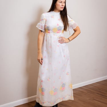 Size S/M, 1960s White Floral Chiffon Sheath Maxi Dress 