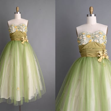 vintage 1950s dress  | Emma Domb Strapless Full Skirt Party Prom Dress | XS Small 
