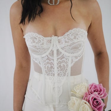 Vintage 50s Bustier White Embroidered Strapless Plunging Bustier