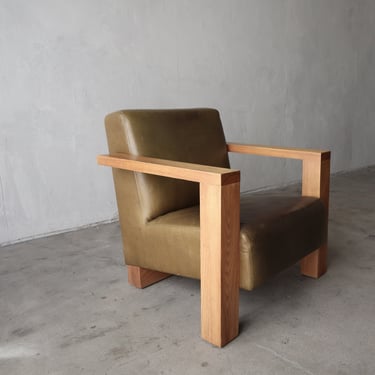 Architectural Modernist Oak and Leather Lounge Chair 