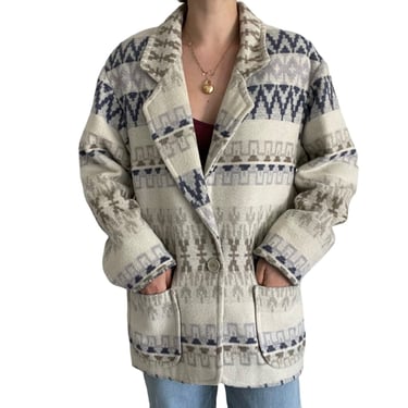 Vintage 90s Womens Express Aztec Western Cowgirl Hippie Blue Wool Jacket Sz M 