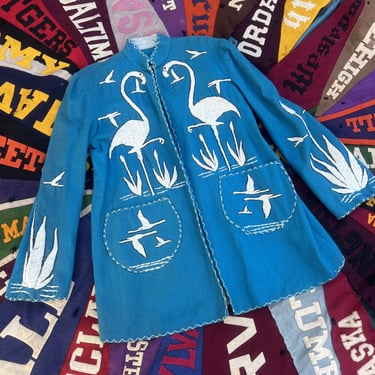 Vintage 1940s Blue Wool Flamingo Birds Hand Embroidered Jacket Coat 1950s