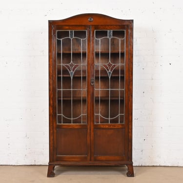 Antique English Mission Oak Arts & Crafts Bookcase With Stained Leaded Glass Doors, Circa 1920s