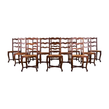 Antique Country French Louis XV Style Provincial Oak Dining Chairs W/ Rush Seats - Set of 12 