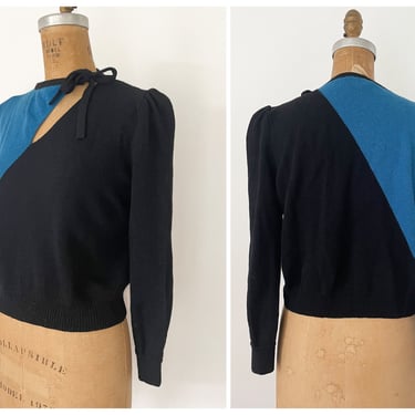 Vintage ‘80s St. John for I. Magnin color block sweater | New Wave sweater, black & blue, Santana knit top, puff shoulders, S 