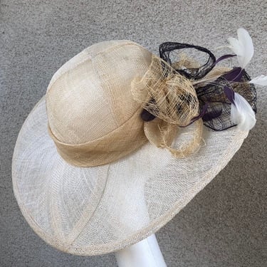 Vintage  hat brim boater tan straw sinaway black tan bow purple white feathers on brim 20” By Designer Millinery 