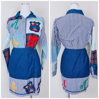 1990s Vintage The Eagle's Eye Denim Skirt Set / 90s Striped Blue Colorful Fleur De Lis Applique Mini Skirt and Shirt / Small - Medium 
