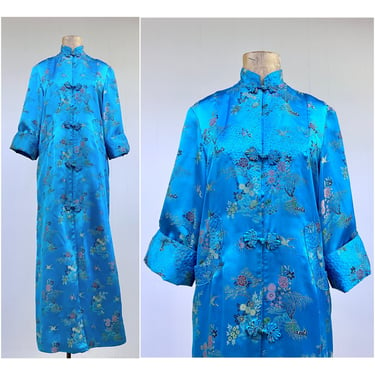 Vintage Turquoise Satin Brocade Cheongsam Robe, Qipao, Chinese Hostess Gown, Small 34" Bust 