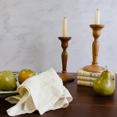 vintage French turned fruitwood scalloped edge candlesticks