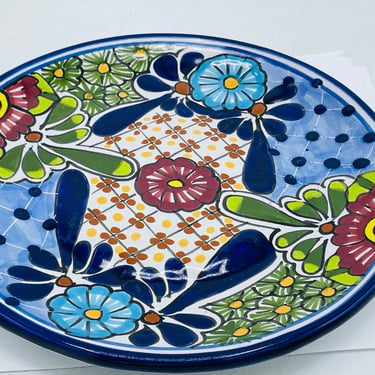 VIntage Mexican Talavera Pottery Plate-Beautiful for Display-Signed Mexico-Hand Made-Decorative-Cobalt Blue and Yellow- Bright Colors 9 3/4" 