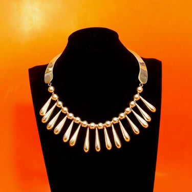 Vintage TAXCO Sterling Silver Festoon Necklace, Heavy Silver Teardrop & Bead Fringe Collar, 925 Mexico T5-79, Bohemian Modernist, 16" L 