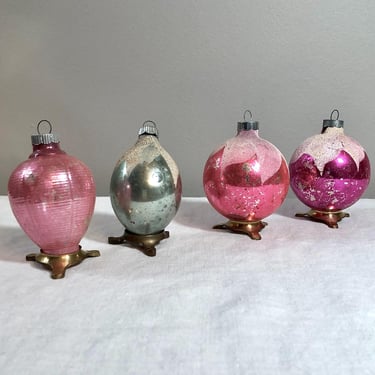 4 Chippy, Glass, Shiny Brite Christmas Ornaments - Pink shades n Silver with Sugared Flocked Frosted Tops, Lantern Oval Balls Orbs, Feather 