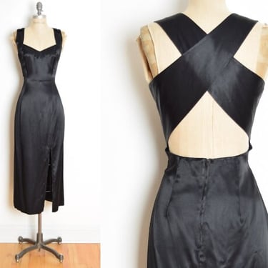 vintage 90s dress black satin backless criss cross prom party evening gown M clothing 