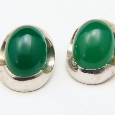 Vintage Silver w/ Green Chalcedony Cabochon Gemstone Stone Clip Earrings Signed 