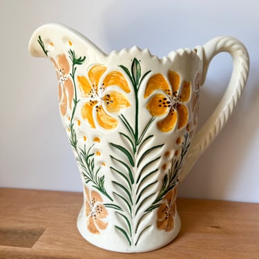 Hand Crafted Floral Pitcher. Vintage Yellow Ceramic Jug.  Retro Porcelain Pitcher. 