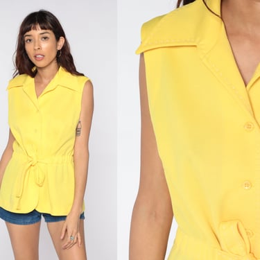 Yellow Tank Top 70s Blouse Tie Waist Shirt Dagger Collar Retro Button Up Boho Shirt Sleeveless Vintage Mod 1970s Plain Medium Large 