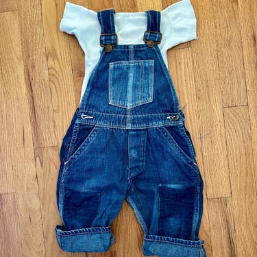 Vintage denim Baby bib overalls~ engineer Railroad Authentic 1940’s 50’s dark patchwork denim miniature sized~ workwear unisex 