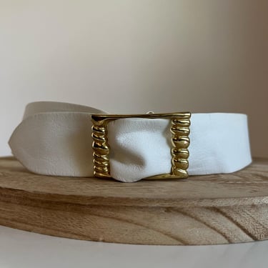 Giani Bernini Vintage 90s White Genuine Leather Wide Chunky Gold Buckle Belt - M 