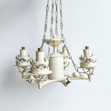 Mid Century Cream Painted Metal Chandelier Toleware Flowers Chippy Four Arms Dining Room Light Fixture French Country Italian Mid Century 