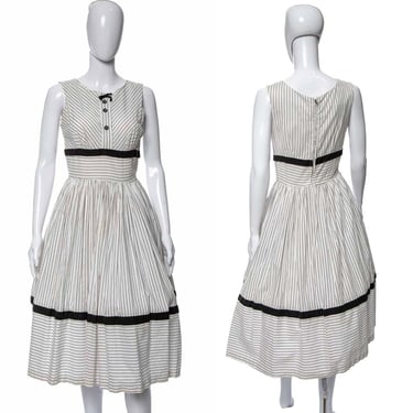 1960's White & Black Pinstriped Cotton Party Dress Size S