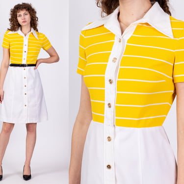 S| 60s Yellow & White Striped Mini Dress - Small | Vintage Button Up Contrast Trim Short Sleeve Shirtdress 