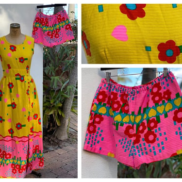 1960's Dress and Shorts Set / Heart Printed Cotton Set / Malia Honolulu Summer Sixties Mod Duster Dress and Hot Pants Set / Resortwear Dress 