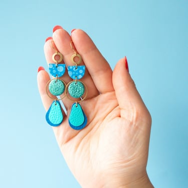 Glitter Goals Chandelier Drops - Reclaimed Leather Statement Earrings in Blue / Turquoise 