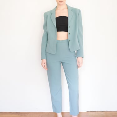 Vintage Giorgio Armani 90s Turquoise Blue Minimal Wool Suit sz XS S 6 Tailored Baby Blue Teal Green Minimalist 