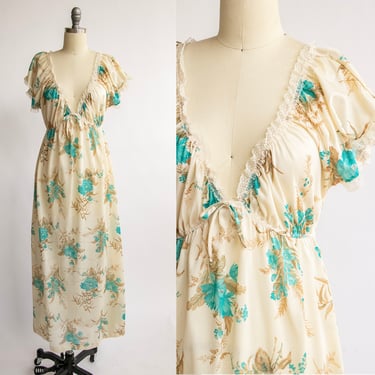1970s Nightgown Slip Dress Floral Maxi M / L 