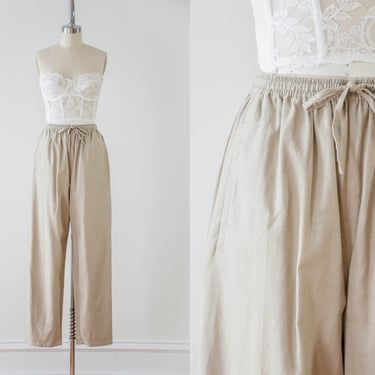 wide leg linen pants | 90s y2k vintage beige light brown elastic waist loose baggy relaxed pants 