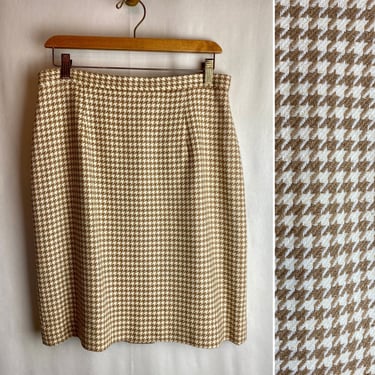 VTG camel color houndstooth wool skirt pencil skirts short kick pleat 80s 90s vintage size XL 34” waist 