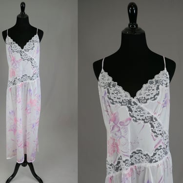 80s Long Pastel Floral Nightgown - White with Pink and Purple - Lace Trim Long Slit - Perfectform - Vintage 1980s - XL XXL 