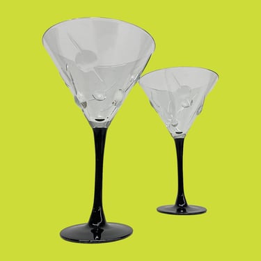 Vintage Cristal D'Arques Martini Glasses Retro 1980s Contemporary + Clear Glass + Olive Design + Black Stems + Set of 2 + Barware + Stemware 
