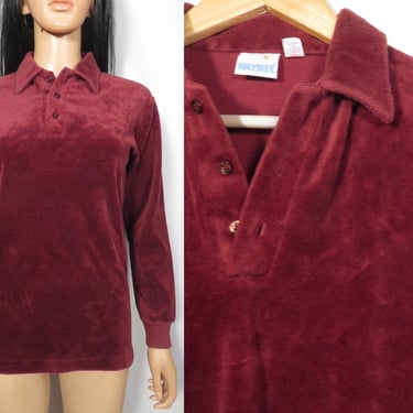 Vintage 70s Burgundy Velour Long Sleeve Polo Shirt Size S 