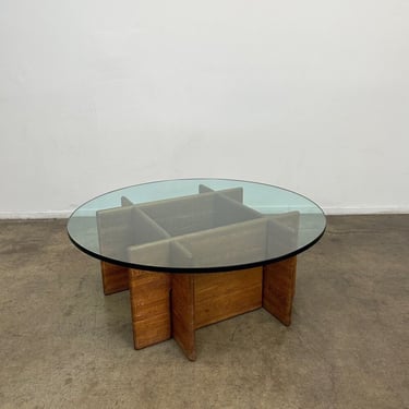 Post Modern Parquet Oak and Glass Coffee Table 