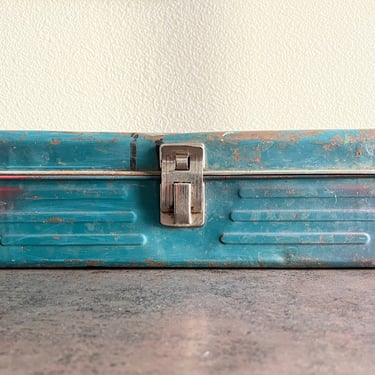 Teal Metal Tackle Box with Handle and Tray | Industrial | Toolbox | Craft Storage | Junk Rustic | Box with Lid Cash Box Blue Green Mantique 