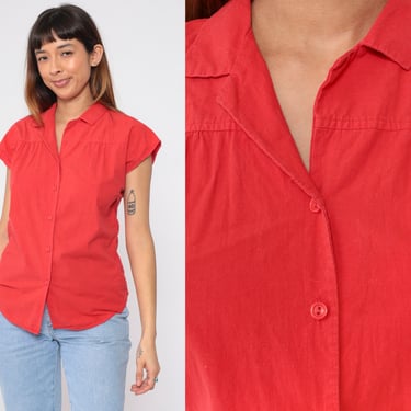 Plain Red Blouse 80s Button Up Top Cap Sleeve Shirt Retro Preppy Basic Simple Minimalist Secretary Office Vintage 1980s Dots N Dashes Medium 