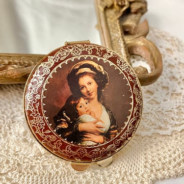 Vintage Compact, Renaissance Art, Mother and Child, Venetian, Ornate Design, Mirror, Puff, Mid Century 