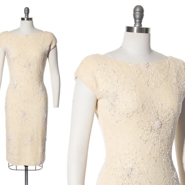 Vintage 1960s Sweater Dress | 60s GENE SHELLY Floral Beaded Cream Knit Wool Courthouse Wedding Wiggle Bridal Party Dress (small/medium) 