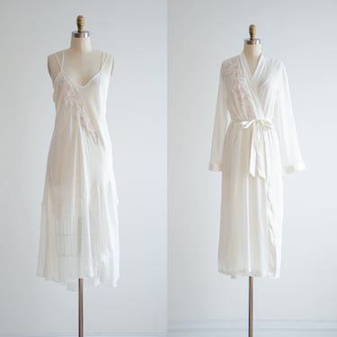 white nightgown and robe 90s vintage chiffon lingerie peignoir set 