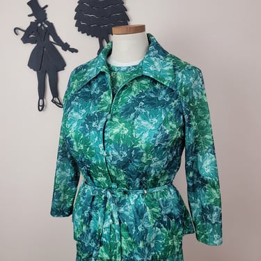 Vintage 1960's Green 2 Piece Set / 70s Polyester Dress and Jacket L/XL 