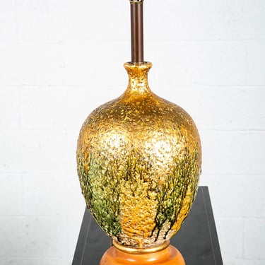 Mid Century Modern Table Lamp Green Gold Light Vintage Drip Ceramic Mcm Round