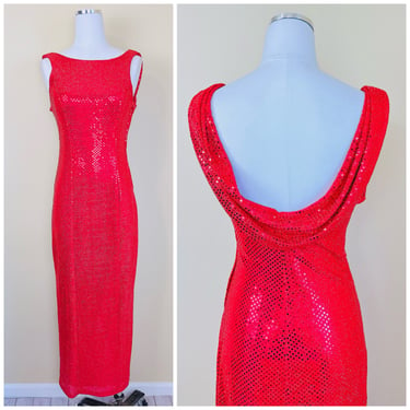 1990s Vintage All That Jazz Red Sequin Gown / 90s / Nineties Scoop Back Sparkle Sequin Bombshell Dress / Size Medium 