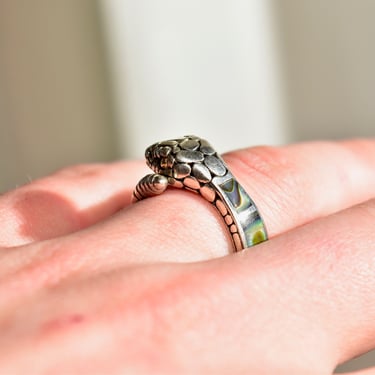 Vintage Hallmarked Sterling Silver + 18K Abalone Inlay Snake Ring, Engraved Gold-Eyed Rattlesnake Coil Ring, Iridescent Shell, 7 1/2 US 