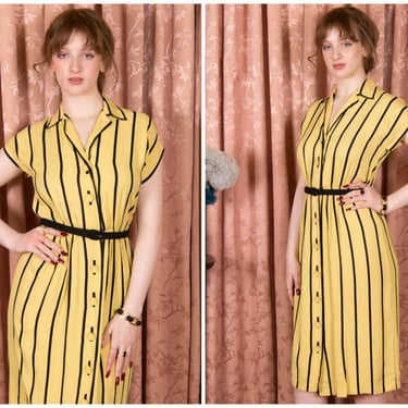 1940s Dress - Bold Yellow and Black Striped Vintage 40s Post Way Day Dress with Button Front 