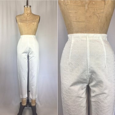 Vintage 50s pant | Vintage white cotton cigarette pants | 1950s cotton damask capri pants 